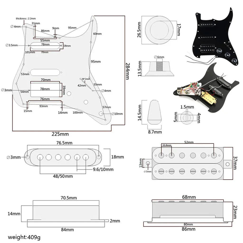 SSH Black Guitar Loaded Prewired Pickguard For Fender Stratocaster Strat